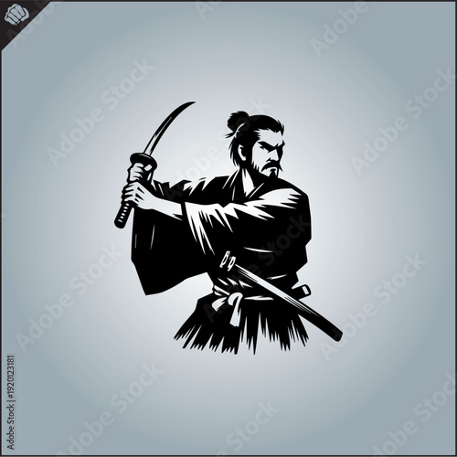Samurai. Japan warrior whith katana sward. Graphic logo. Vector EPS