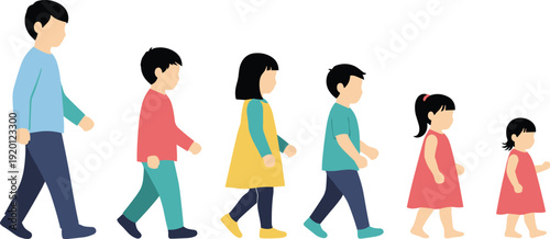 Vector illustration of a diverse group of children of different ages and heights walking together in a row