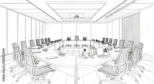Architectural line drawing of a large modular conference room with U-shaped table and numerous ergonomic chairs
