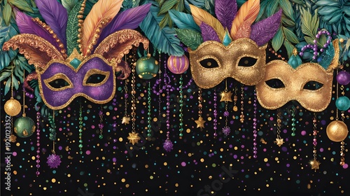 Masked Revelry: An artistic depiction of vibrant masks with intricate details, adorned with feathers and jewels, suggesting the excitement of a festival. 