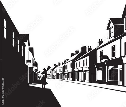 Town street perspective silhouette with shops and houses vector illustration line art style