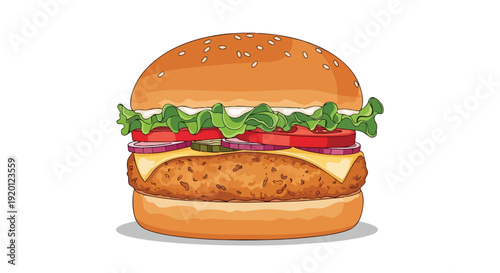 An inviting digital illustration of a generously stacked burger featuring a toasted sesame bun, fresh crisp vegetables, creamy cheese, and a savory