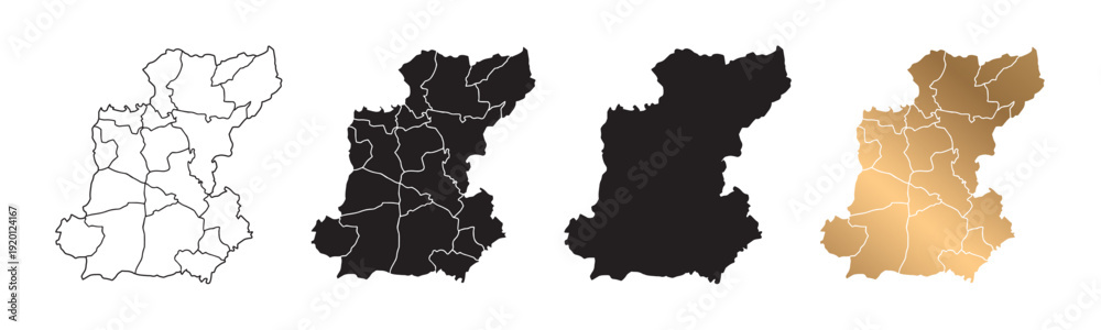 Obraz premium A map of Roi Et province in Thailand, featuring gold and black outlines against a white background. Suitable for websites, educational purposes, and tourism.