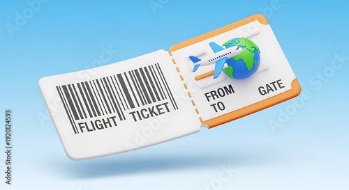 An image of a flight ticket with a barcode and a map of the world.