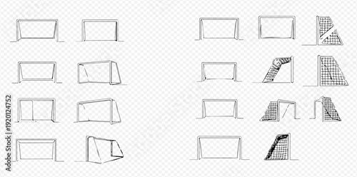 Set of hand-drawn soccer goal illustrations in various perspectives and styles, isolated on a transparent background.