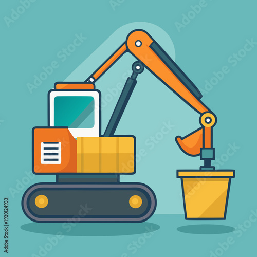 Yellow Excavator Machine Digging In A Blue Environment