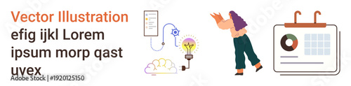 Idea generation, productivity management, creative thinking, planning, innovation, efficiency. Design features a light bulb, cloud person and calendar. Idea generation and productivity management