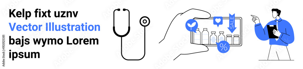 Fototapeta premium Telemedicine, online pharmacies, healthcare management, digital health tools, medical consultations, remote diagnosis. A doctor, stethoscope and smartphone showing medication. Telemedicine
