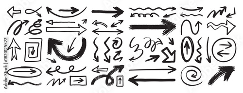 hand drawn arrows set grunge rough, brush stroke curly arrow collection