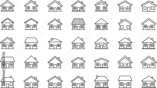 House exterior facade line icon set with different home building styles residential architecture collection