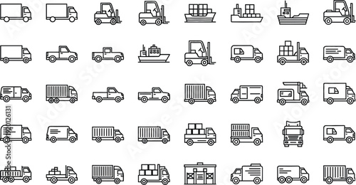 Logistics transportation vehicle line icon set with trucks vans forklifts cargo ships and delivery transport vector