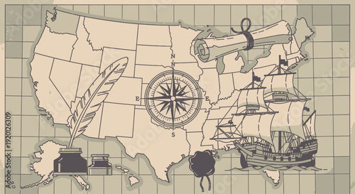 Vintage Map of United States Illustration.