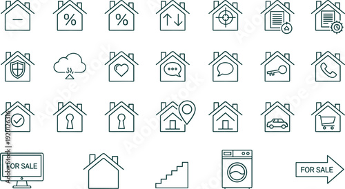 Real estate property and home insurance line icon set with house mortgage security and sale symbols