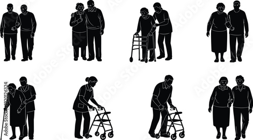 Elderly People Silhouette Set, Senior Citizens with Walkers and Canes, Caregiver Assisting Seniors, Aging Population and Nursing Home Vector Illustration, Comma.