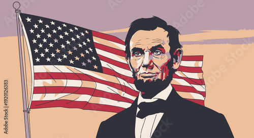 Abraham Lincoln Portrait with American Flag.