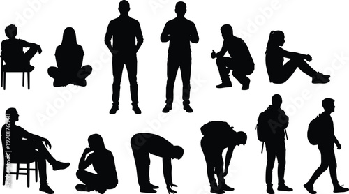 Farmer Silhouettes Set Featuring People Gardening, Raising Poultry, Planting Trees, Artist Women Painting, Families Outdoors, and Couples Sitting on Park Benches