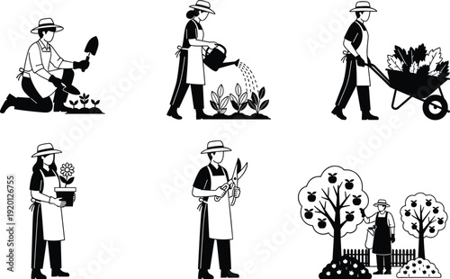 Farmer Silhouettes Set Featuring People Gardening, Planting, Watering, Raking, Harvesting Fruit, Pushing Wheelbarrow, Shoveling Soil, Pruning Trees, and Various Rural Farm Activities