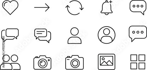 Social media interface line icon set editable stroke vector illustration isolated on white background collection