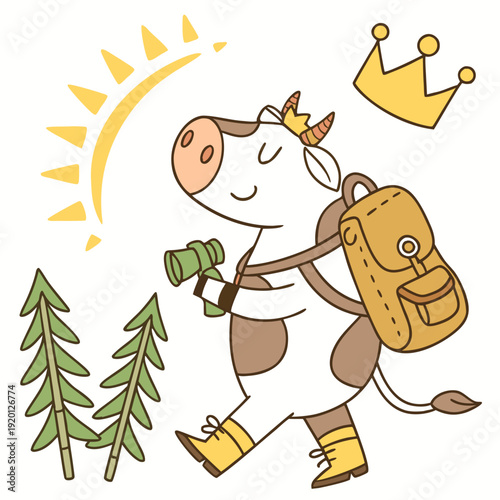 Cute Cheerful Cow, accessorized with with a tiny crown, in a Forest adventure world – Evergreen Trails palette vector