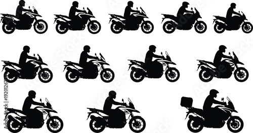 Sport motorcycle rider silhouette vector set, touring and adventure motorbike side view black collection illustration design
