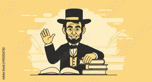 Illustration of Abraham Lincoln with books and gesture.