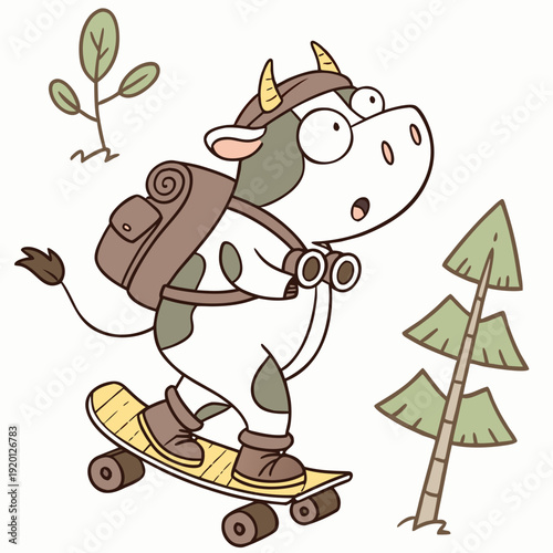Cute Surprised Cow, accessorized with riding a skateboard, in a Forest adventure world – Evergreen Trails palette vector