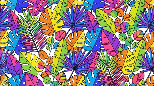 Multicolored Rainbow Plant Leaves Pattern - Vibrant Botanical Seamless Vector Illustration Design