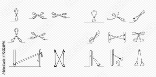 Continuous line drawing of various rope knots and lashing techniques for securing objects.