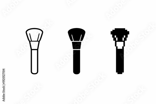 Set of three black and white makeup brushes: outline, solid, and simplistic icon designs