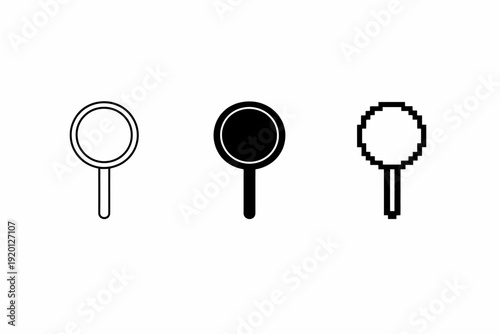 Magnifying glass icons: outline, solid, pixel art variations