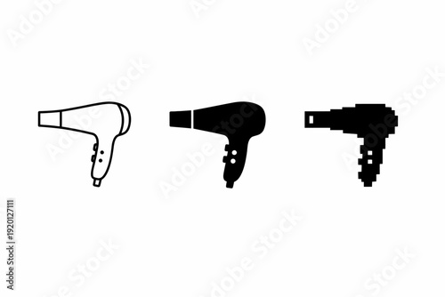 Evolution of hair dryer design: outline, filled, pixelated icons