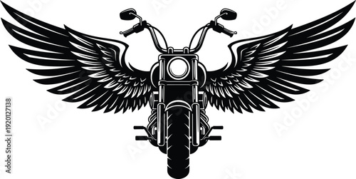 Winged motorcycle emblem vector illustration, front view chopper bike with spread angel wings black vintage design
