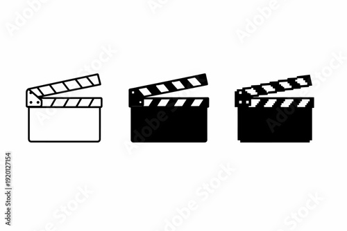 Clapperboard icons set of three: outline, solid, and pixel art styles