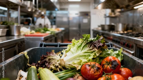 Spoiled vegetables in commercial kitchen, muted natural colors, food waste and kitchen hygiene concept