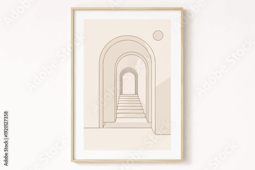 Minimalist framed art: geometric arches and stairway in neutral tones