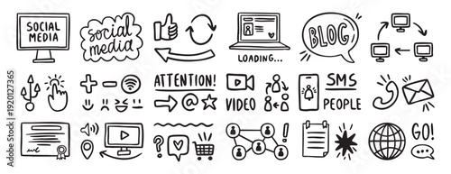 Social media signs and symbols set with hand drawn arrows, icons for app, trendy blogging, internet communication, creative digital