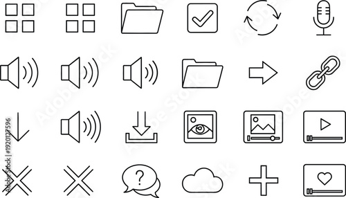 User interface multimedia and file management line icon set with audio controls cloud and navigation symbols