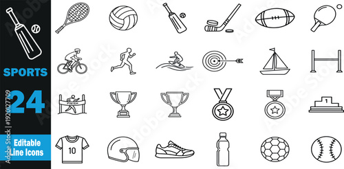 Sports icon set .Soccer Ball, Basketball, Tennis Ball, Baseball Glove, Football Helmet, Cricket Bat, Golf Flag, Swimming Goggles, Volleyball, Trophy .Vector illustration