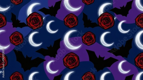Fantasy Bats Roses and Moon Pattern - Gothic Romance Seamless Vector Illustration Design