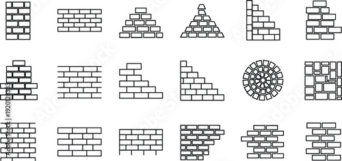 Brick wall masonry pattern line icon set with different bond styles construction texture vector collection