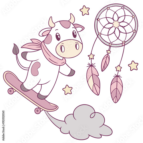 Charming SVG of a Surprised Cow featuring riding a skateboard, styled in a Fantasy dream theme with Dreamland hues