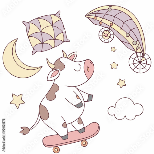 Vector illustration of a Sleepy Cow with riding a skateboard, styled in a Fantasy dream theme using Dreamland colors