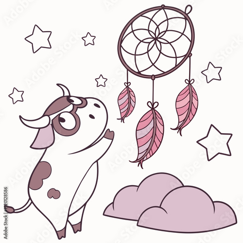An adorable Cow with a Curious vibe, wearing glasses, and a Dreamland Fantasy dream theme – SVG style