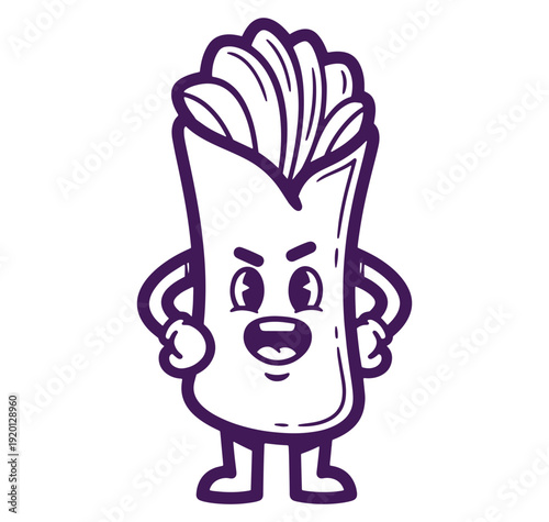 Cartoon burrito character with angry expression in black and white outline style