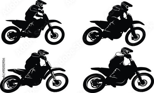 Motocross rider silhouette vector illustration set, dirt bike racing action poses black and white extreme sport design