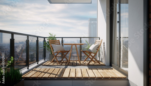 Small apartment balcony featuring wooden furniture, floor decking, and a glass railing with a city view in bright daylight.