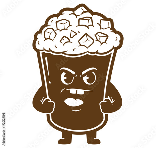 Cartoon illustration of an angry iced coffee beverage character with ice cubes and facial expression