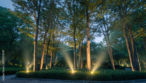 Lush garden forest with trees highlighted by powerful warm uplights, showcasing professional outdoor landscape lighting at dusk.