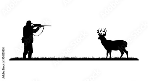 A silhouette depicts a hunter aiming a rifle at a majestic deer in a field