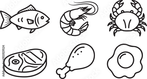 Protein food source icon set featuring various animal products like fish shrimp crab beef steak chicken drumstick and fried egg in simple black outline style